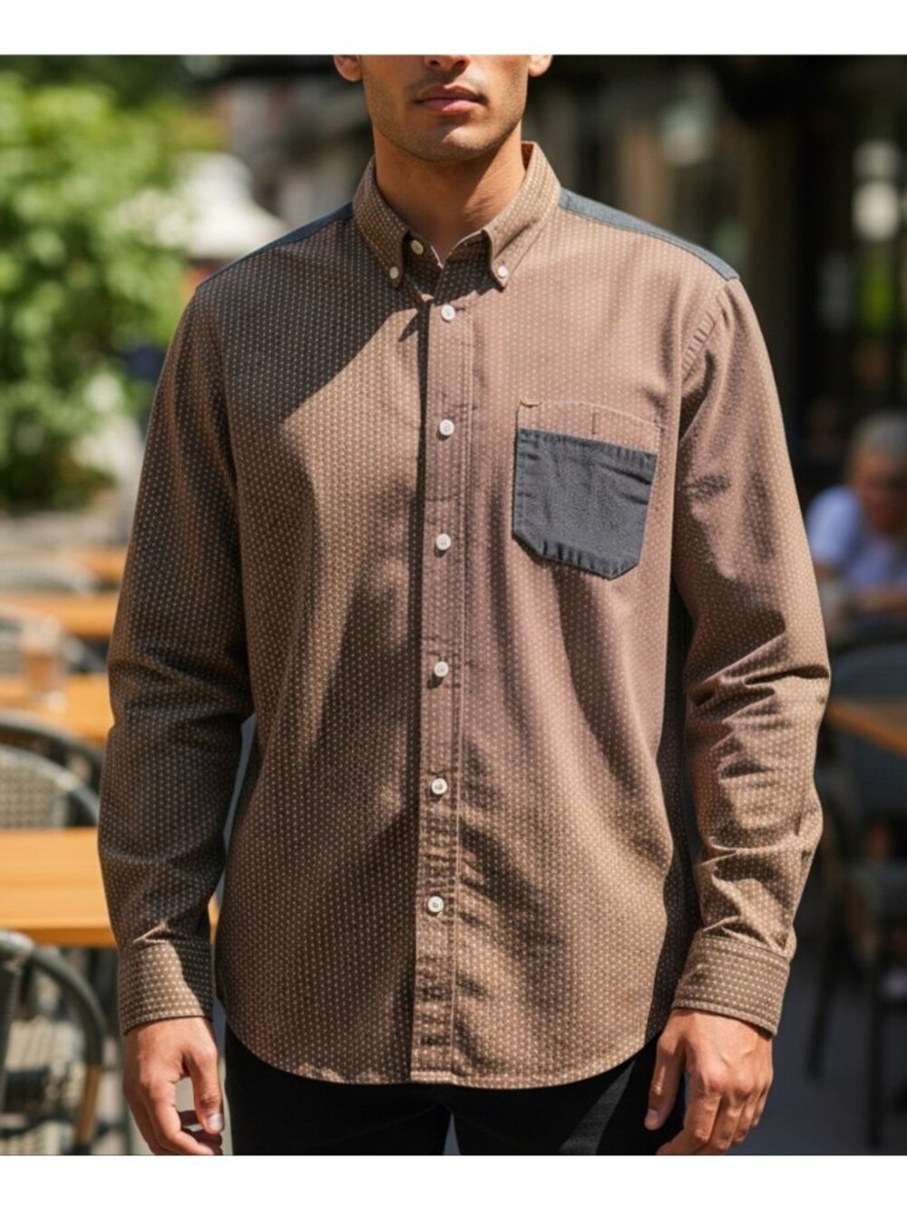 Buffalo David Bitton Mens Slim Fit Button-Up Shirt Brown/Denim Print M Long Slee